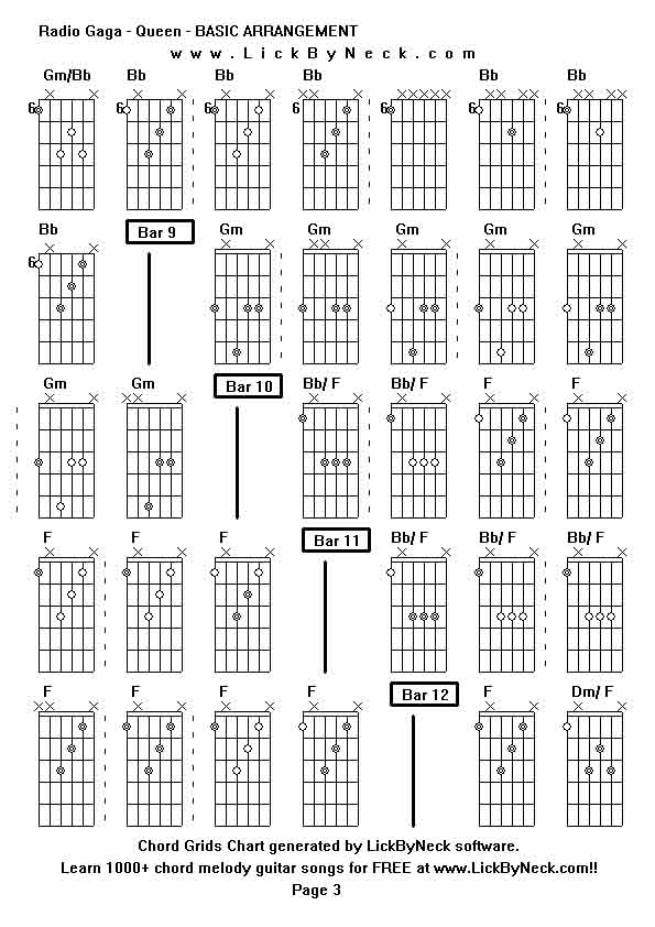 Chord Grids Chart of chord melody fingerstyle guitar song-Radio Gaga - Queen - BASIC ARRANGEMENT,generated by LickByNeck software.